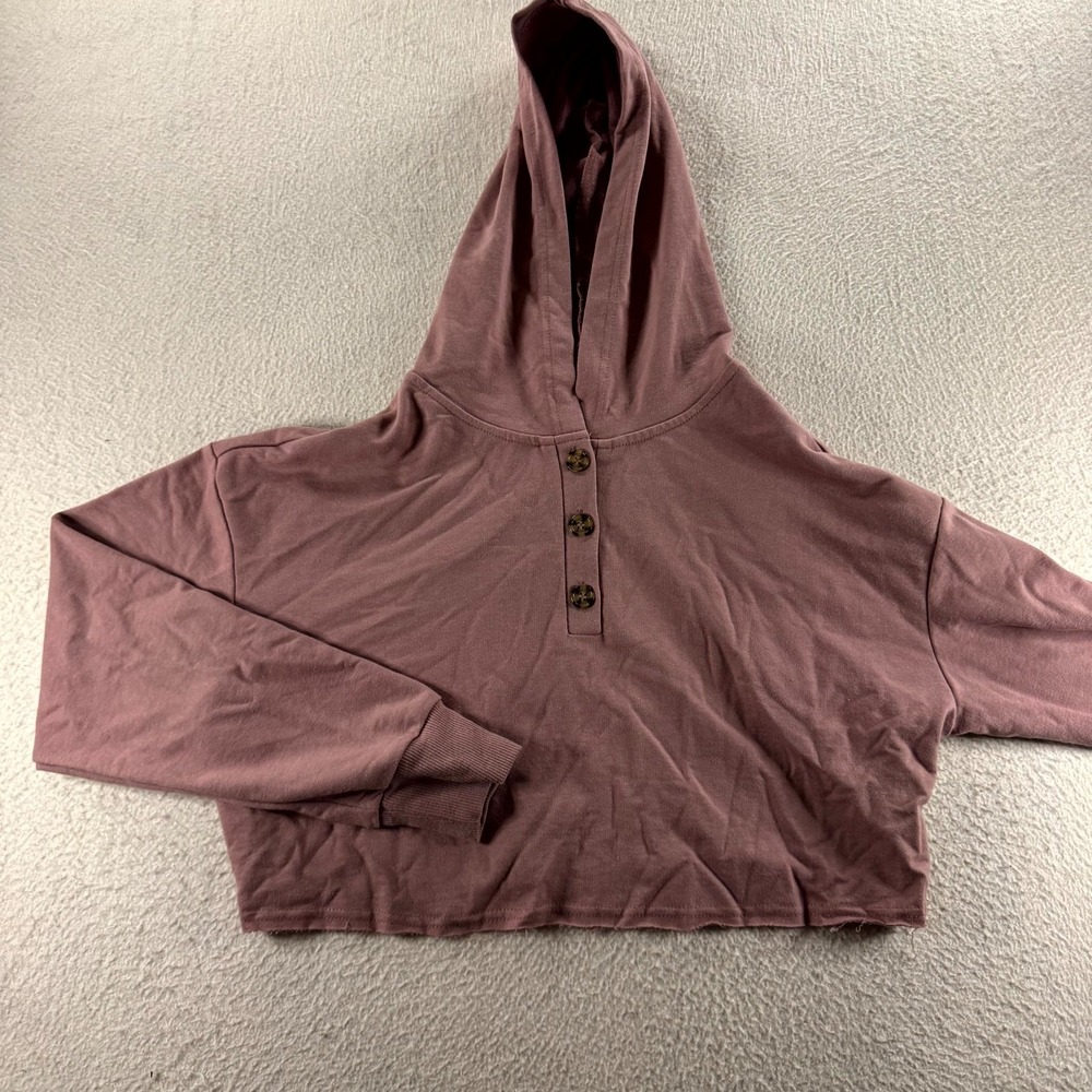 Almost Famous Hoodie Womens L Mauve Cropped Henley Raw Hem Earthy Boxy Boho Y2K